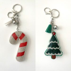 Rhinestone Candy Cane and Christmas Tree Keychains set of BOTH! New! Gift